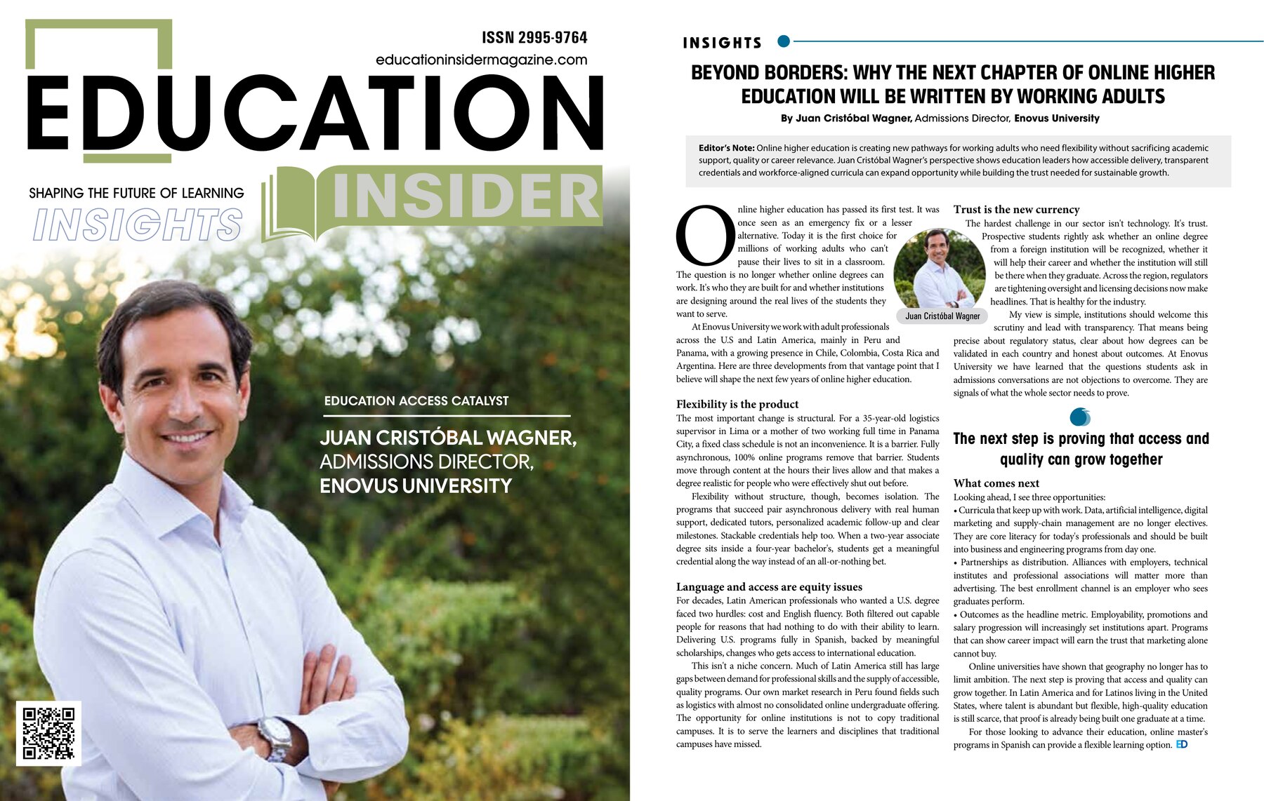 Páginas de Education Insider con la columna del director de Admisiones de Enovus University