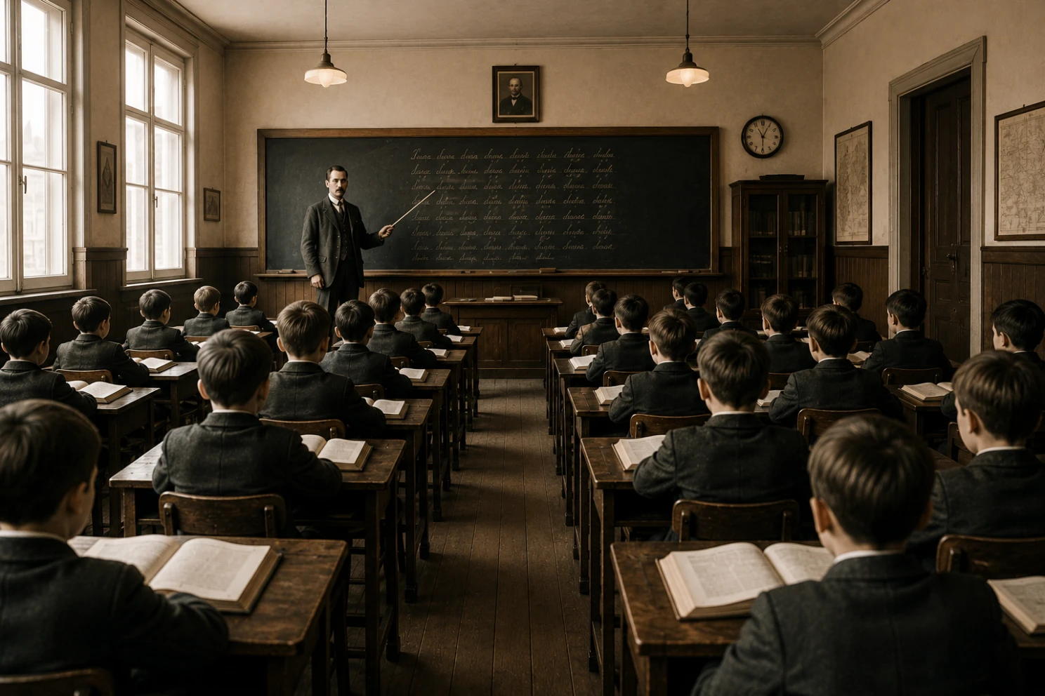 Sala de clases tradicional donde todos los estudiantes reciben la misma lección al mismo tiempo